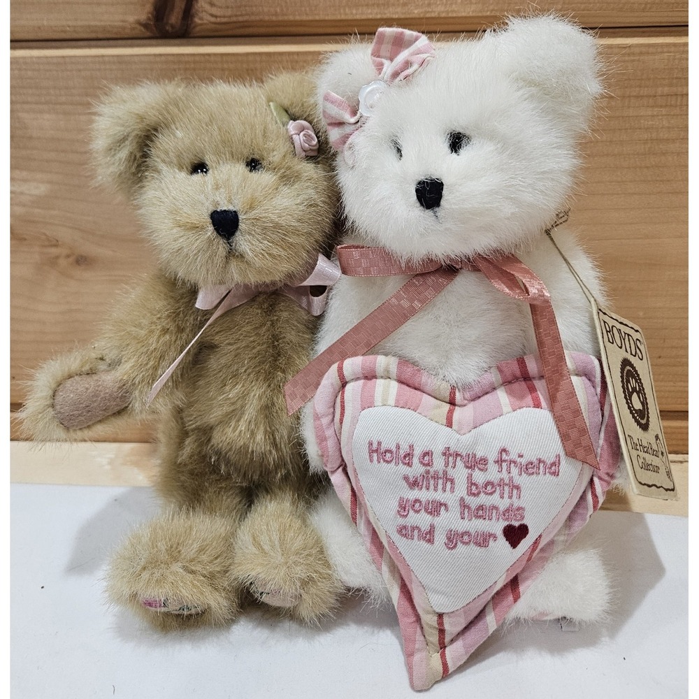 Boyds Bears Plush Lot Teddy Bear & White Bear Heart Pillow Friendship Valentine